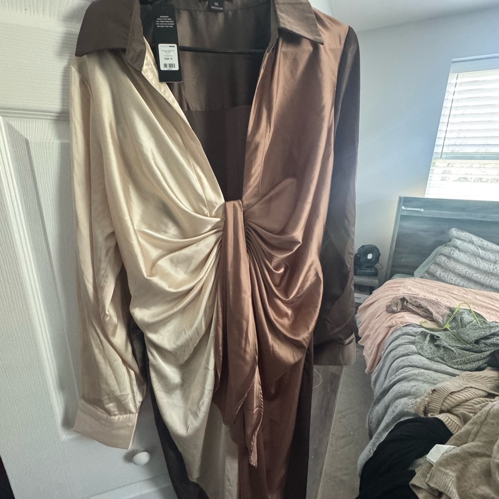 Fashion Nova Cream and Brown Draped Dress